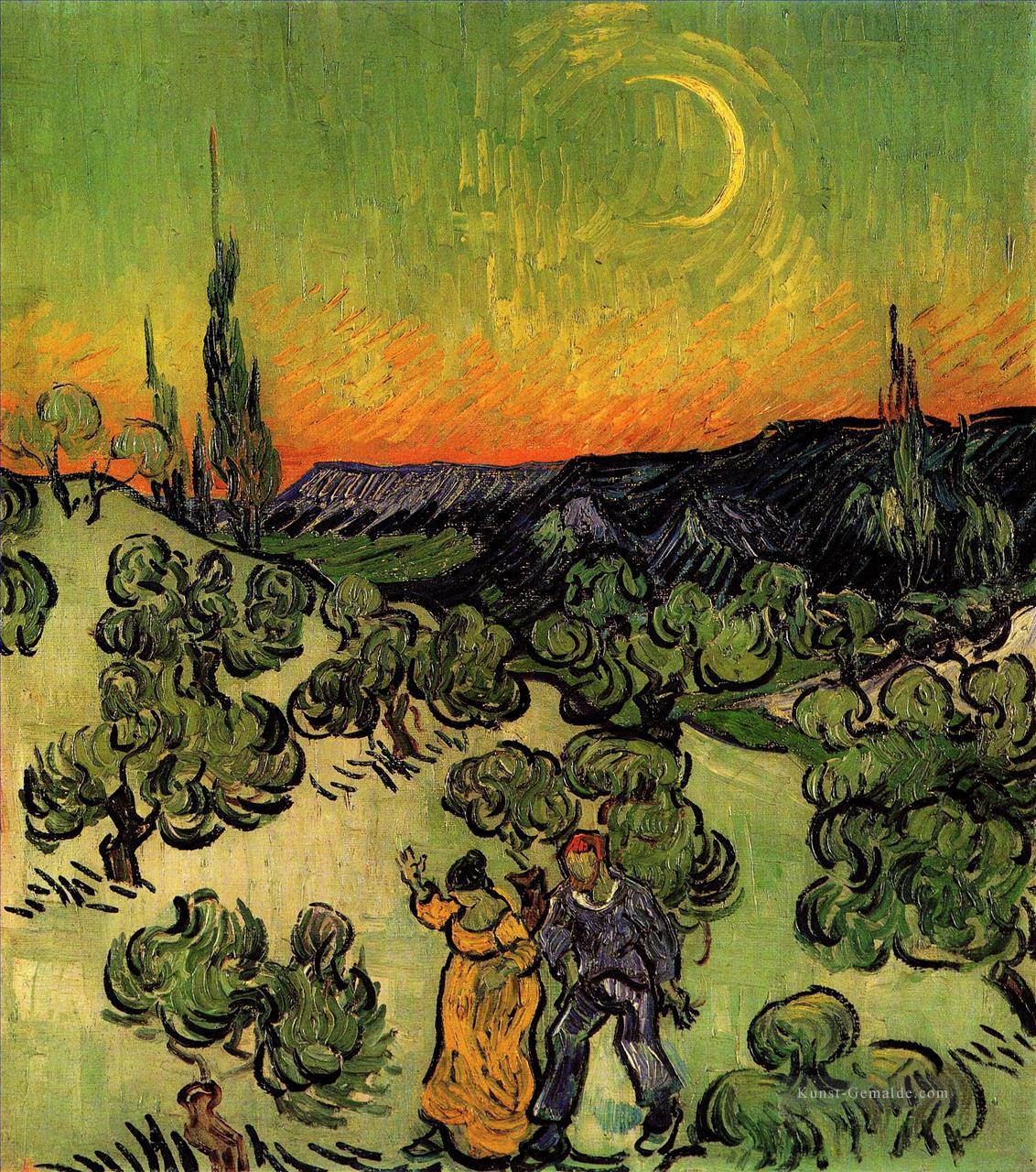 Landschaft mit Paar Walking und Crescent Moon Vincent van Gogh Ölgemälde